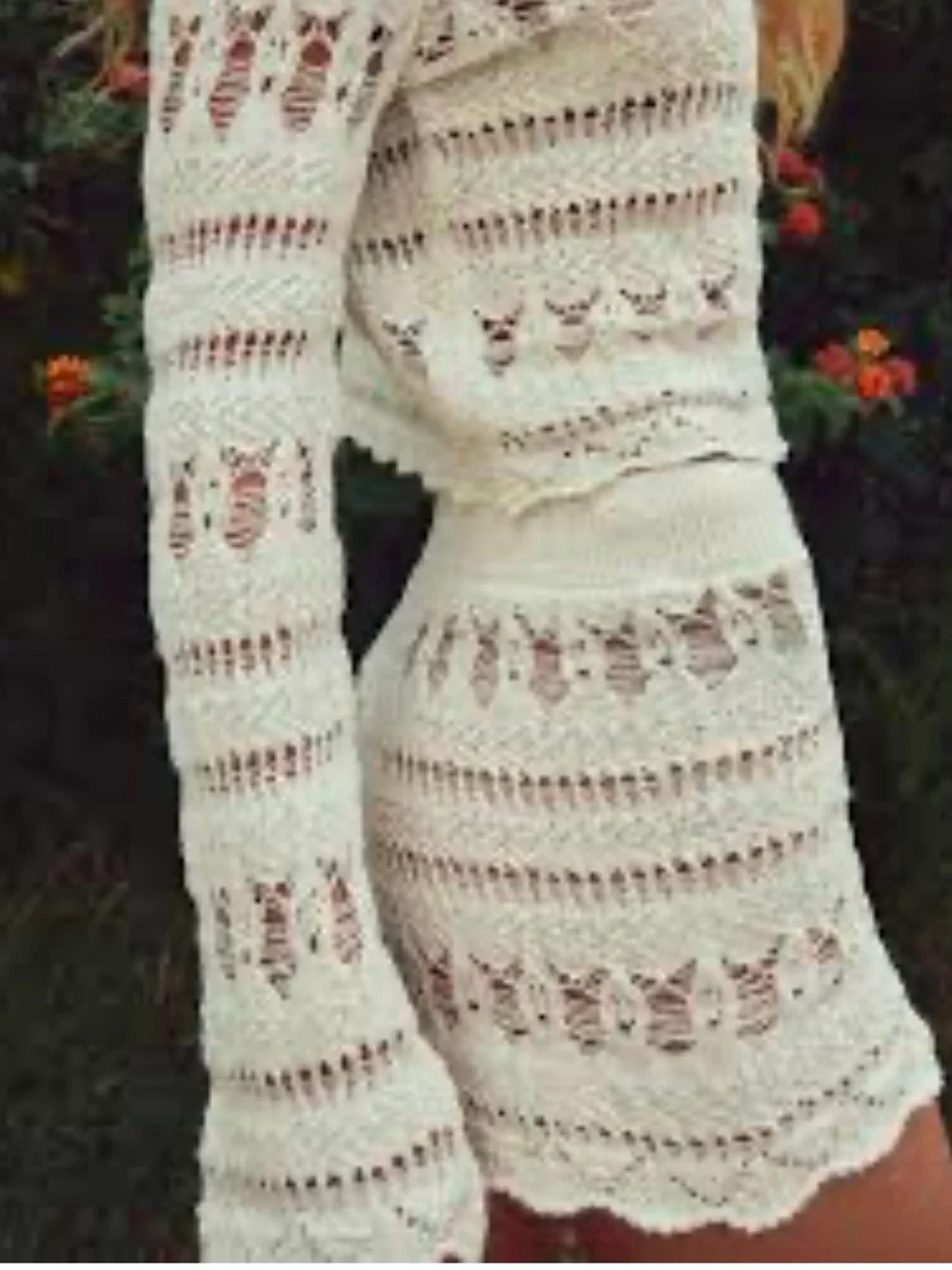 Zara Cream Crochet Knit Long Sleeve Top and shorts